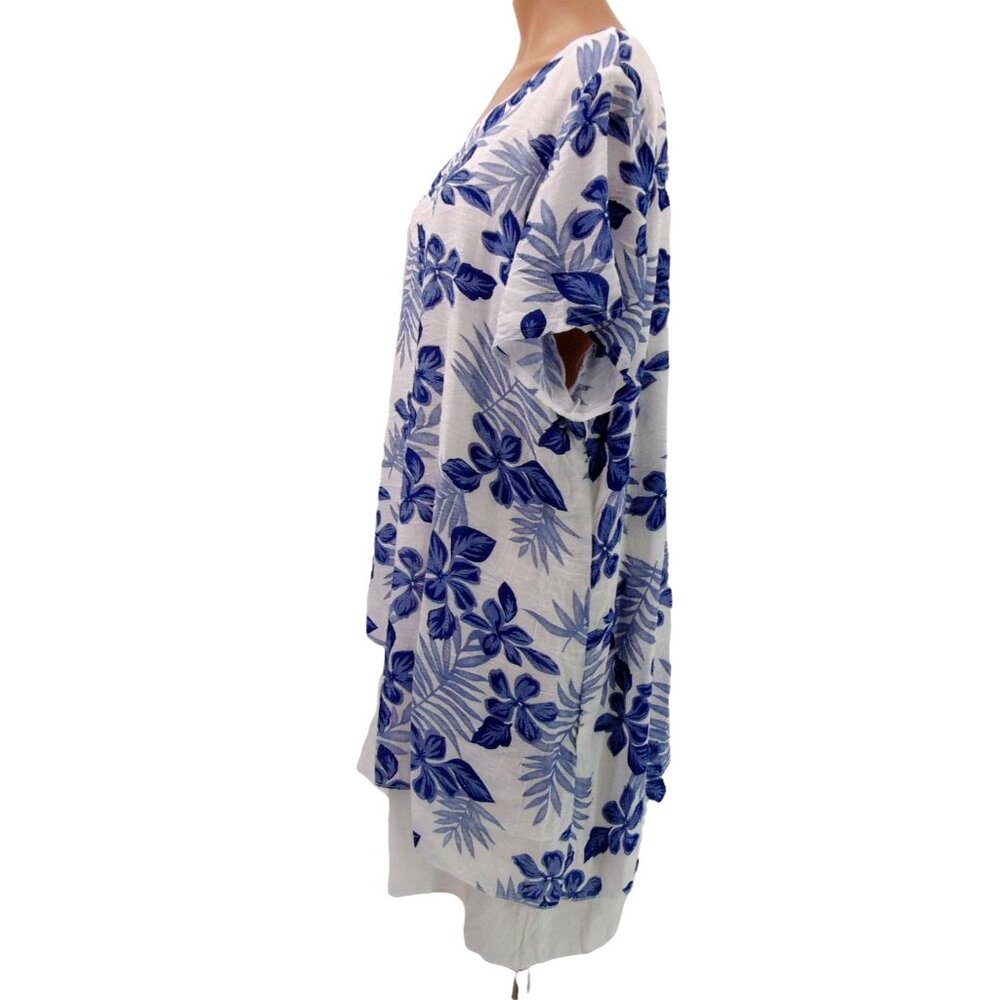 Serengeti White Blue Layered Look Swing Top 1X Floral Tropical Lagenlook - Picture 6 of 11